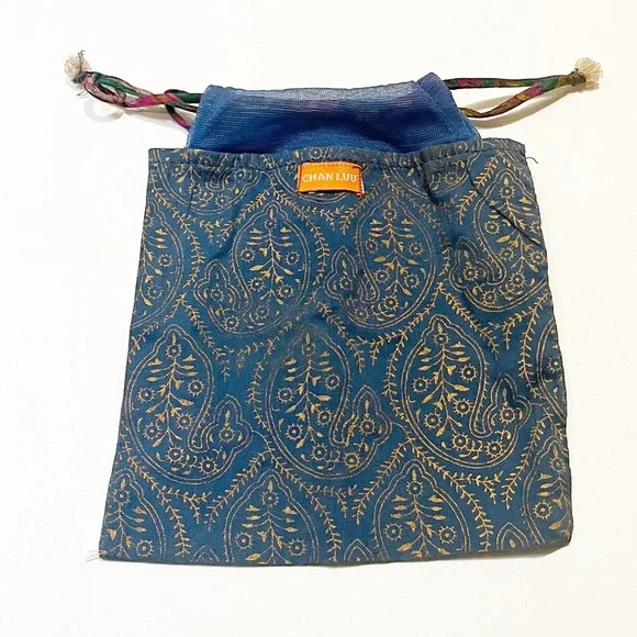 Chan Luu Drawstring Jewelry Travel or Gift Pouch Blue & Gold | 6” x 6” - Picture 1 of 9